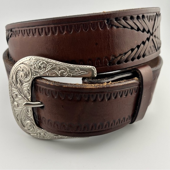 Accessories - Western Lace Brown Leather Belt Silver Metal Tone Removeable Buckle 32" x 1.5